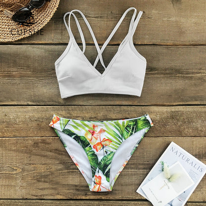 White and Green Leaf Print Low-waist Bikini Sets Lace Up Swimsuit Two Piece Swimwear Beach Bathing Suit The Clothing Company Sydney