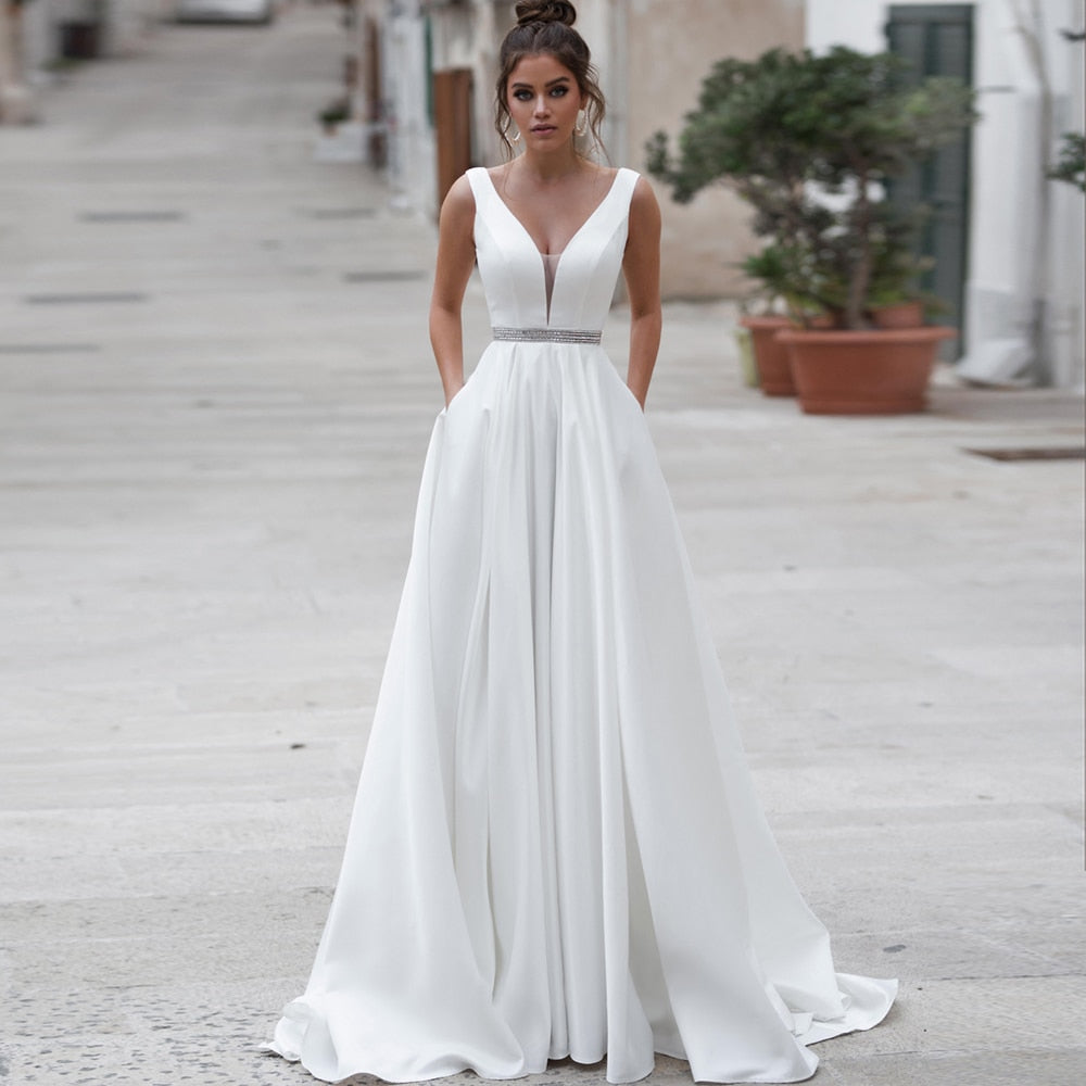 Elegant Satin Wedding Dresses V Neck Bridal White Ivory Backless Gown  Custom Made Wedding Dress The Clothing Company Sydney