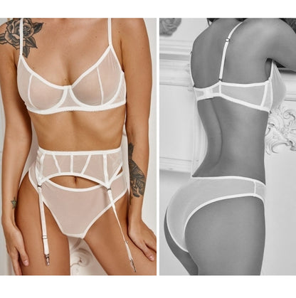 3 Piece Fashion Garter Lingerie Sets Mesh Transparent Thong Underwear Set G-String Womens Bra Sets Lace Bralette Set The Clothing Company Sydney