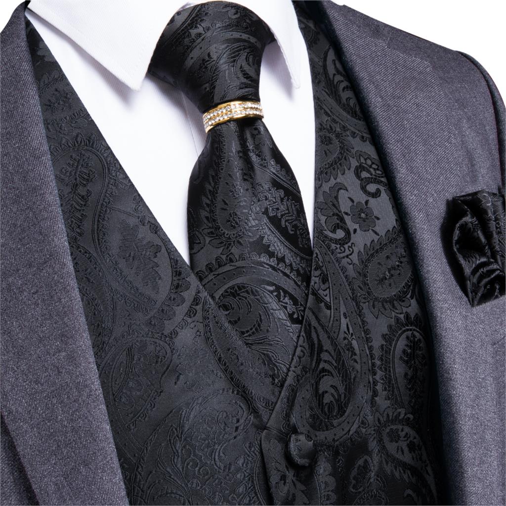 5 Piece Classic Black Wedding Vest for Men Silk Suit Vest Tie Ring Cufflinks Hanky Set for Party Formal Dress Business Casual Waistcoat The Clothing Company Sydney