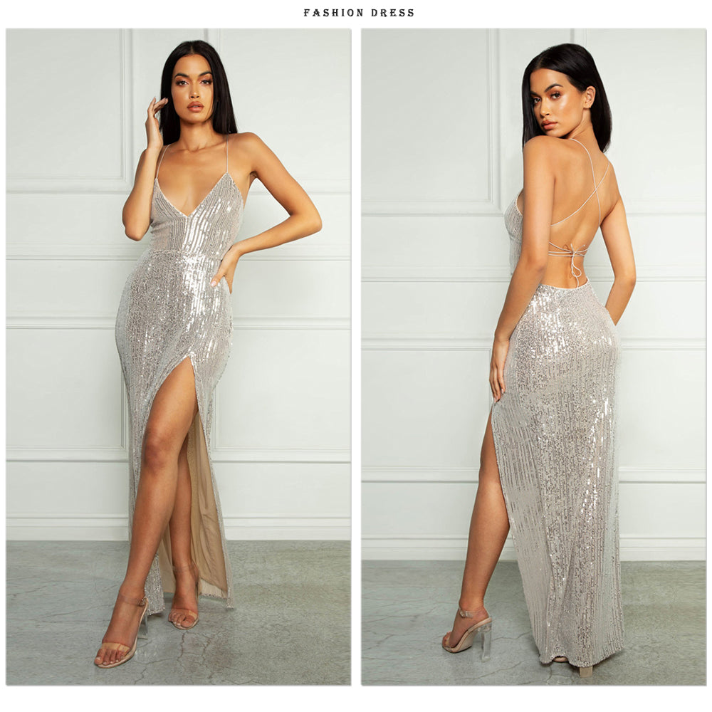 Sexy V Neck Lace Up Sequined Cocktail Party Dress Backless Split Leg Sleeveless Summer Long Dresses Evening Wedding Gown The Clothing Company Sydney