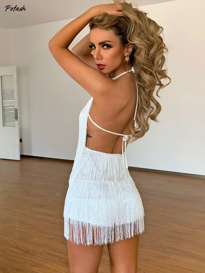 Solid Tassel Backless Playsuits Tie Halter Sleeveless Summer Club Party Rompers Slim Bodycon Jumpsuit The Clothing Company Sydney