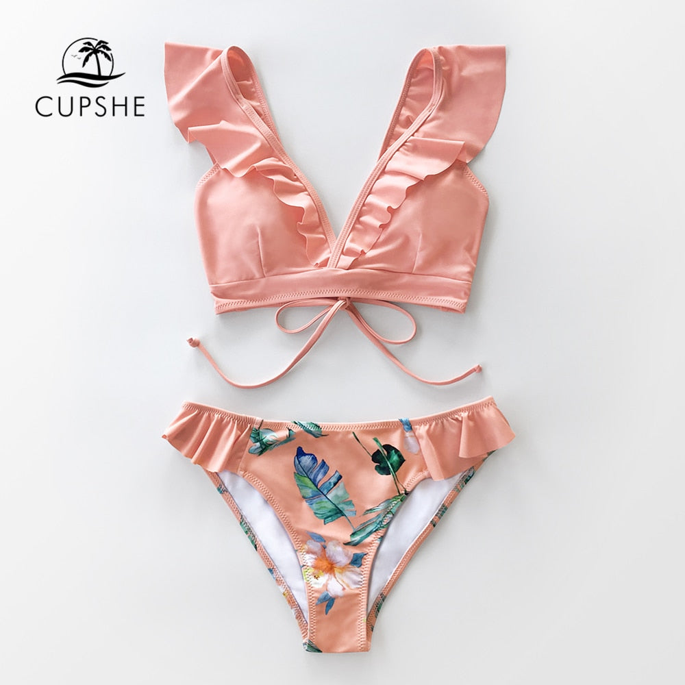 Tropical Pink Ruffle Bikini Sets Lace Up Low-waist Swimsuit Two Piece Swimwear Beach Bathing Suits The Clothing Company Sydney