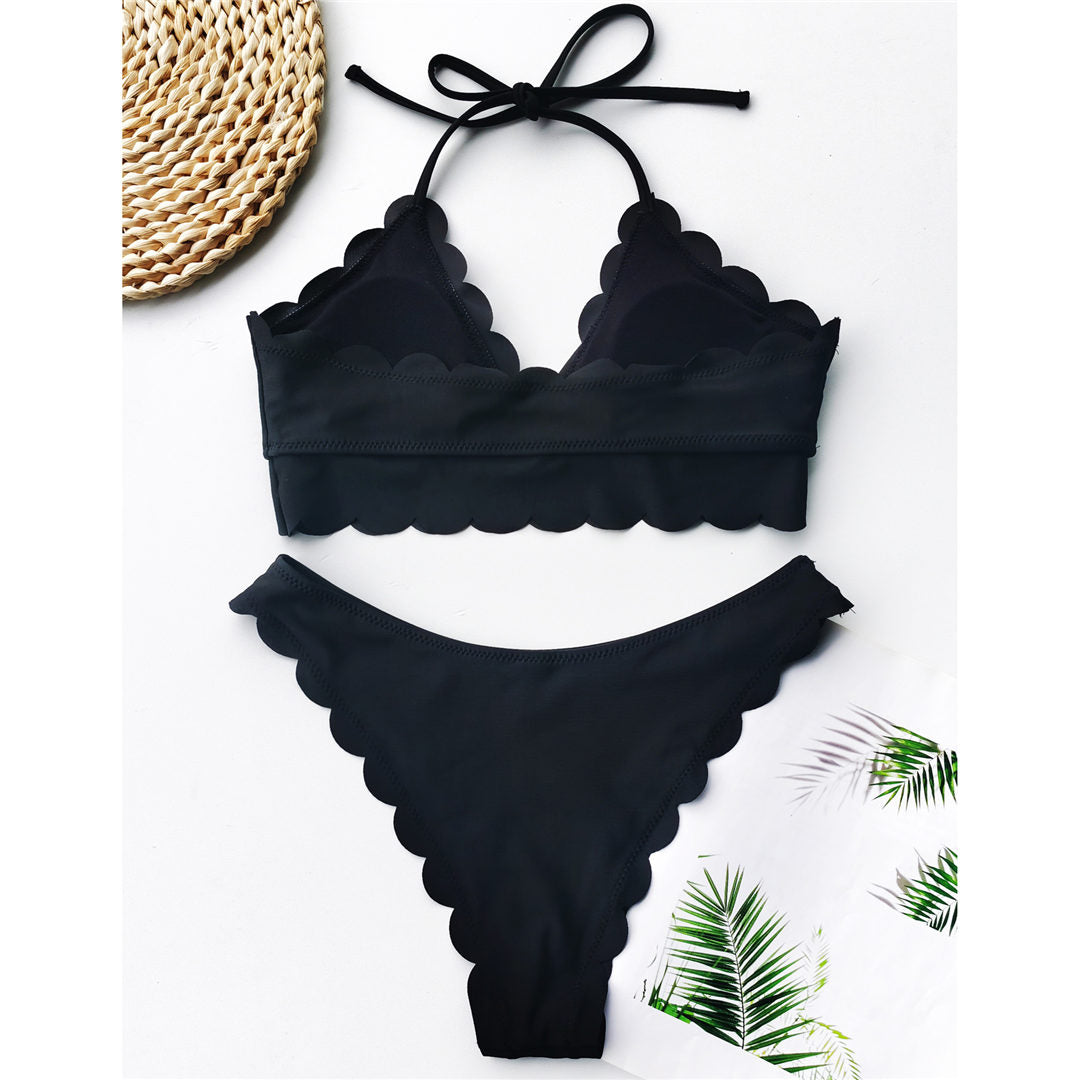 Scalloped Mid Waist Bikini Female Swimsuit Swimwear Two-pieces Bikini set Halter Bather Bathing Suit The Clothing Company Sydney