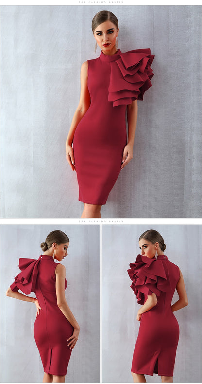 Summer Wine Red Celebrity Evening Runway Party Dress Sleeveless Ruffles Bodycon Midi Night Club Dress The Clothing Company Sydney