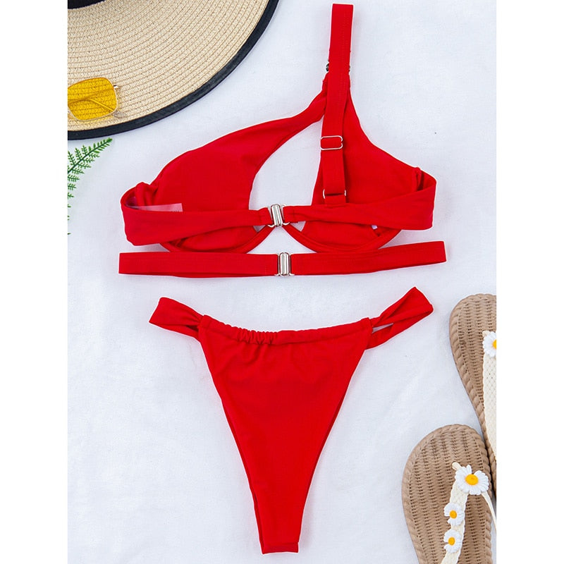 2 Piece Push Up Bikinis Swimsuit Cut Out Swimwear One Shoulder Bikini Set Thong Solid Bathing Suits The Clothing Company Sydney