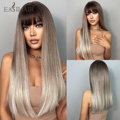 Brown Straight Synthetic Wigs with Bangs Natural Layered Hair Wigs for Women Daily Cosplay Party Heat Resistant Wigs The Clothing Company Sydney