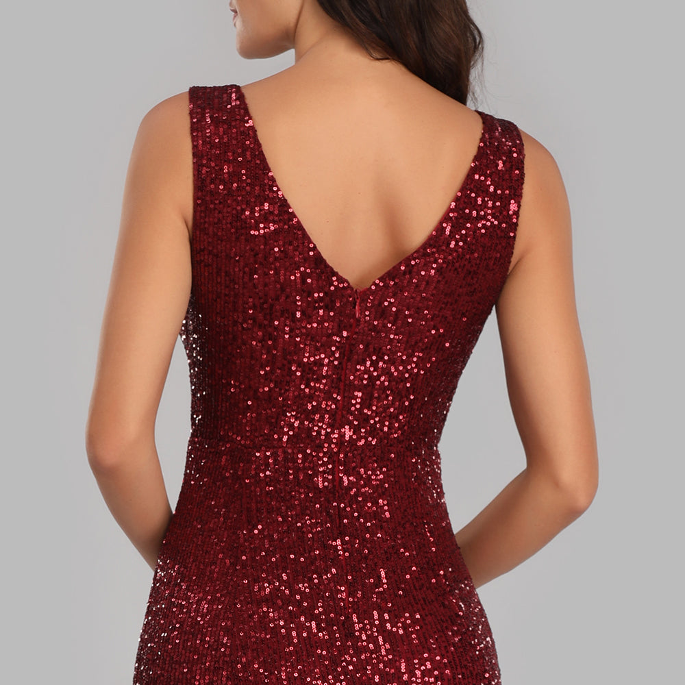 Plus Size V Neck Mermaid Burgundy Long Formal Prom Party Gown Sequins Sleeveless Evening Cocktail Dress The Clothing Company Sydney