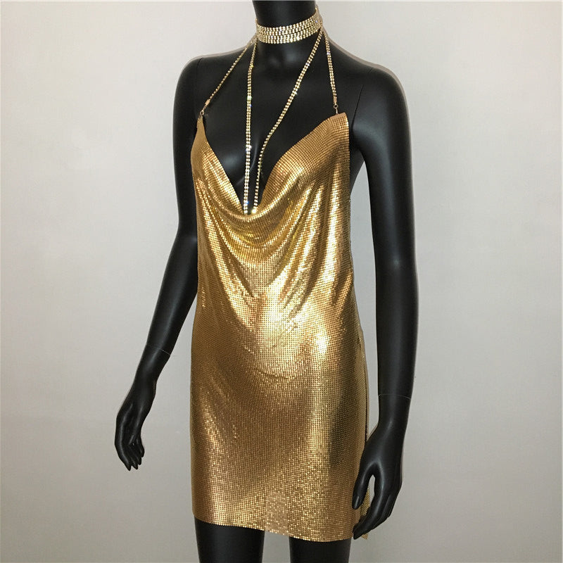 Gold Sequined Patchwork Mini Dress Women Sleeveless Low Cut Metal Chains Halter Slim Charming Nightclub Party Dresses The Clothing Company Sydney