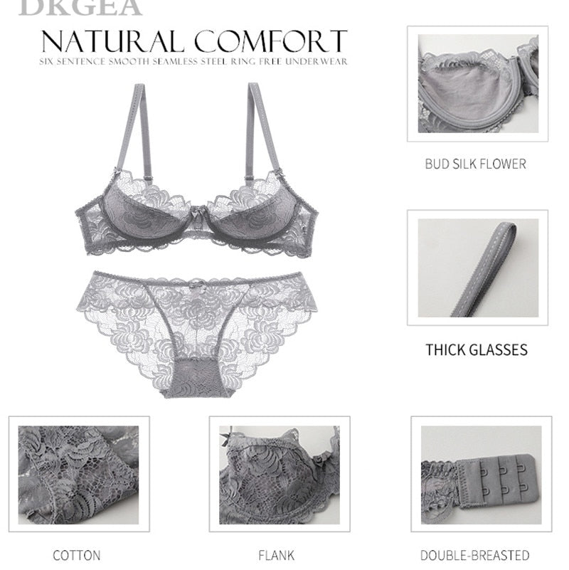 Hollow Bra Ultrathin Underwear Set Plus Size C D Cup Transparent Bra Sets  Lace Embroidery Lingerie Gray Brassiere