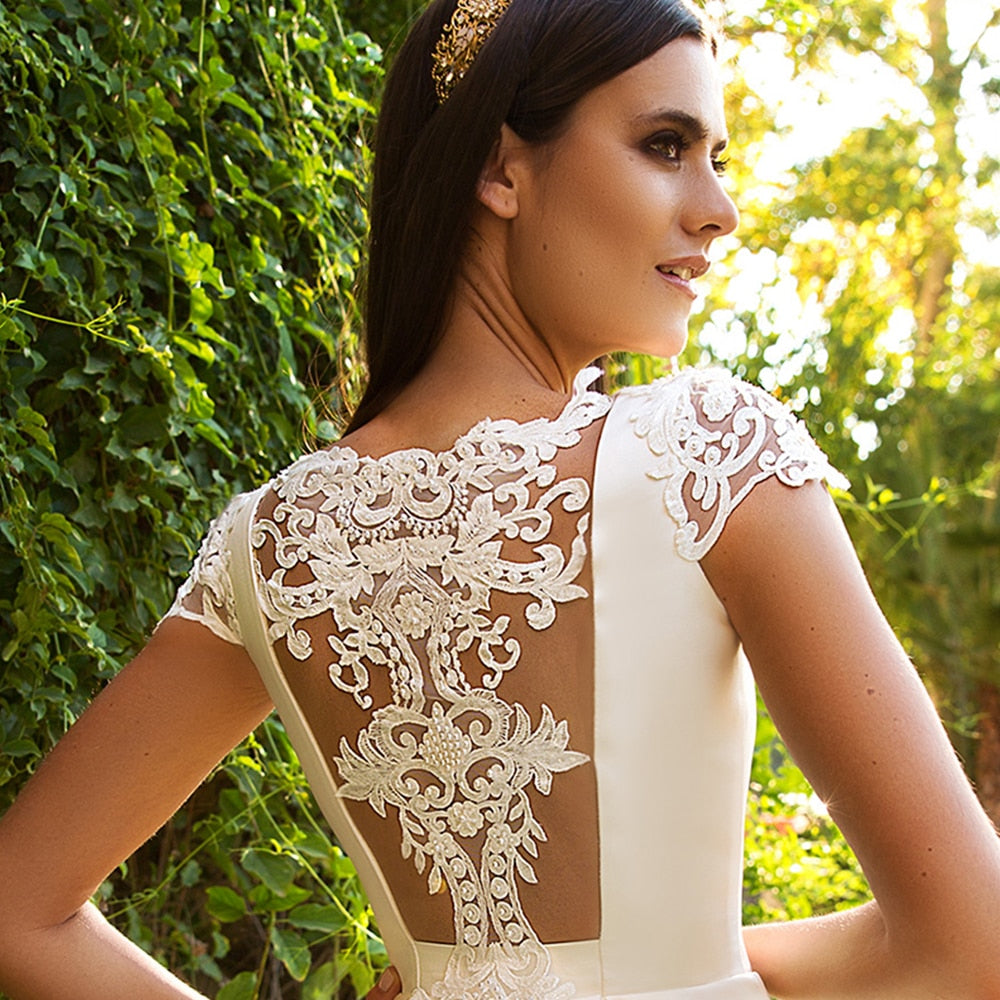 Short Sleeve Bridal Dresses Beading Appliques Illusion Back France Satin Wedding Gowns The Clothing Company Sydney