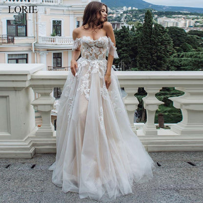 LORIE Champagne Boho Wedding Dress 2020 Lace Appliques Tulle Backless Beach Wedding Gowns Off Shoulder Princess Bridal Dress The Clothing Company Sydney