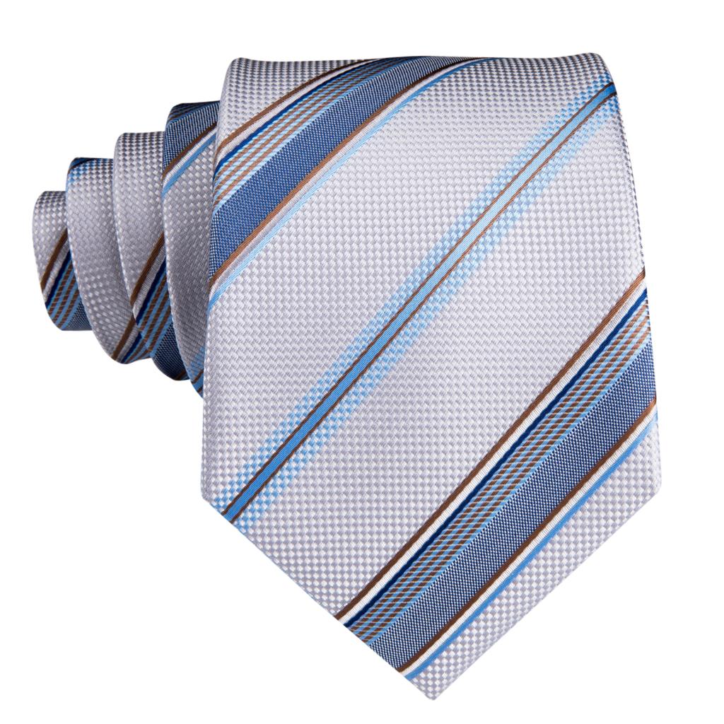 Men‘s’ Silk Necktie White Blue Striped Ties for Men  Pocket Square Hanky Cufflinks 8.5cm Wide Business Tie Set The Clothing Company Sydney