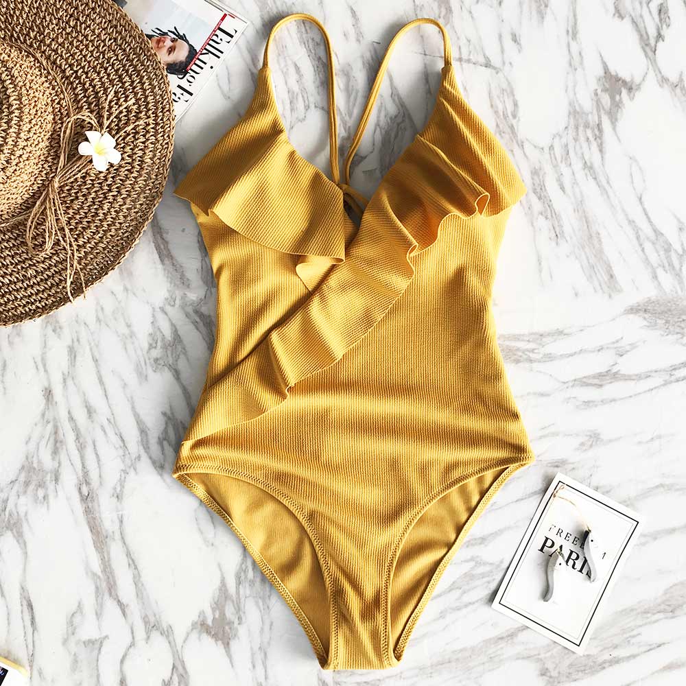 Solid One-piece Swimsuit Falbala V neck Ruffle Monokini  Beach Bathing Suit Swimwear The Clothing Company Sydney