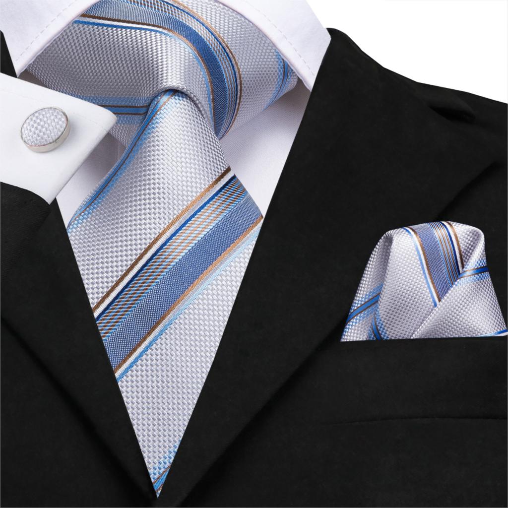 Men‘s’ Silk Necktie White Blue Striped Ties for Men  Pocket Square Hanky Cufflinks 8.5cm Wide Business Tie Set The Clothing Company Sydney