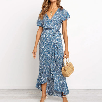 Summer Long Maxi Casual Boho Floral Print Beach V-Neck Ruffle Bodycon Wrap High Slit Party Dress The Clothing Company Sydney