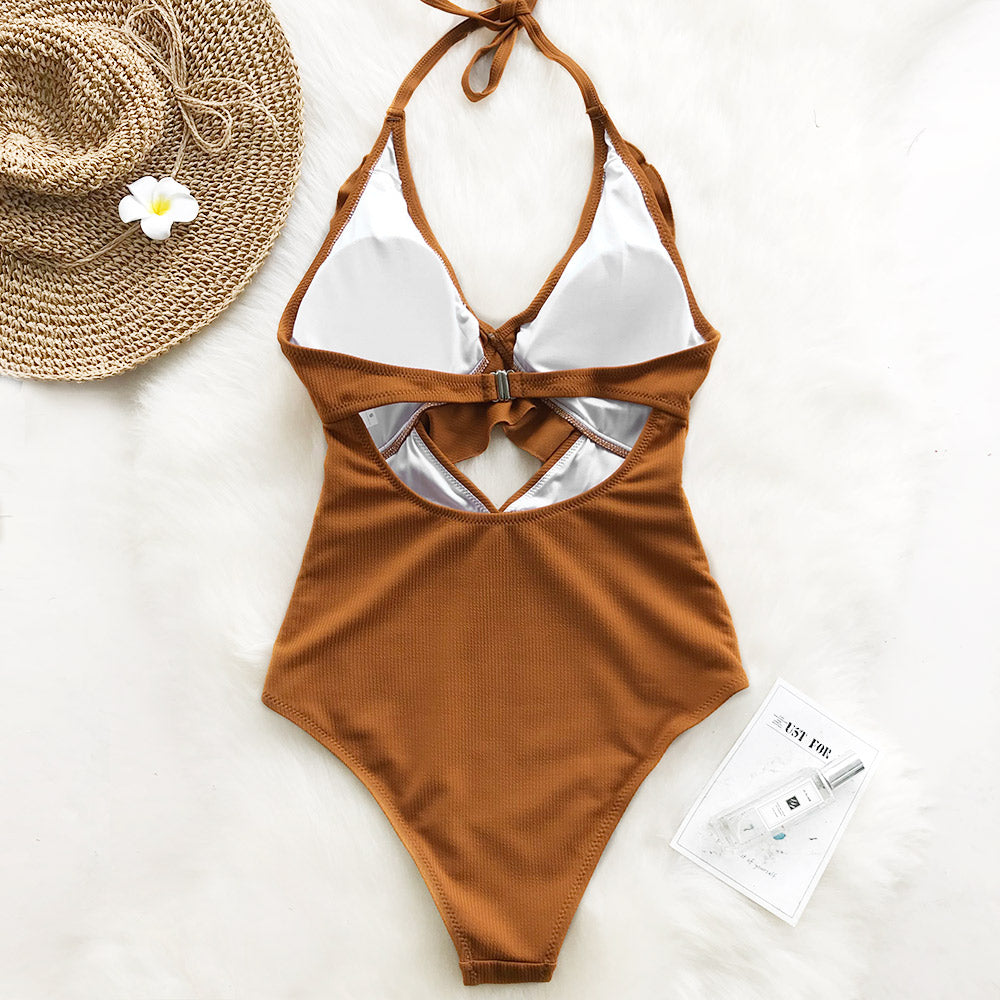 Solid One-piece Swimsuit Falbala V neck Ruffle Monokini  Beach Bathing Suit Swimwear The Clothing Company Sydney