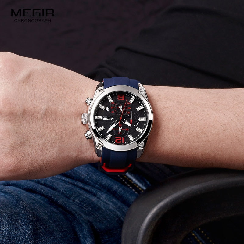 Megir Men's Chronograph Analog Quartz Watch with Date, Luminous Hands, Waterproof Silicone Rubber Strap Wristswatch Clothing Company Sydney