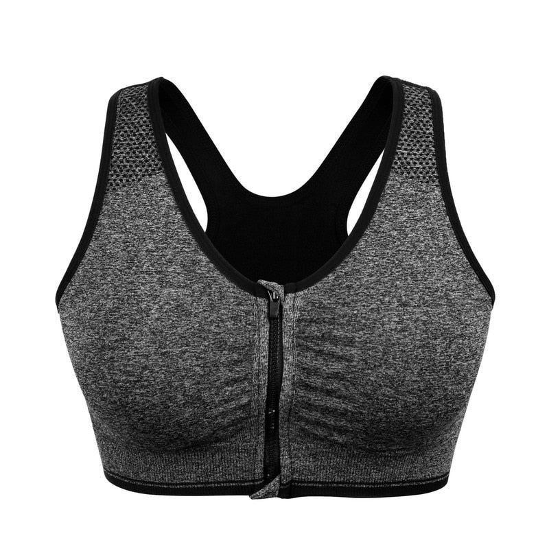 Plus Size Women Front Zipper Sports Bra Shockproof Gym Push Up Seamless  Yoga Top