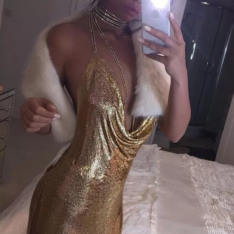 Gold Sequined Patchwork Mini Dress Women Sleeveless Low Cut Metal Chains Halter Slim Charming Nightclub Party Dresses The Clothing Company Sydney