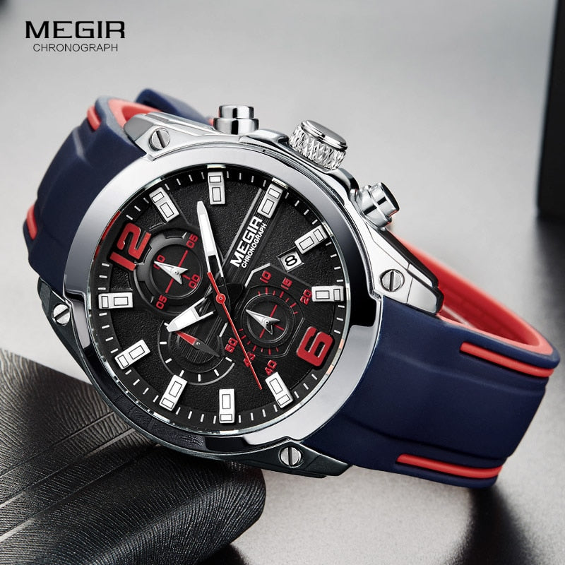 Megir Men's Chronograph Analog Quartz Watch with Date, Luminous Hands, Waterproof Silicone Rubber Strap Wristswatch Clothing Company Sydney