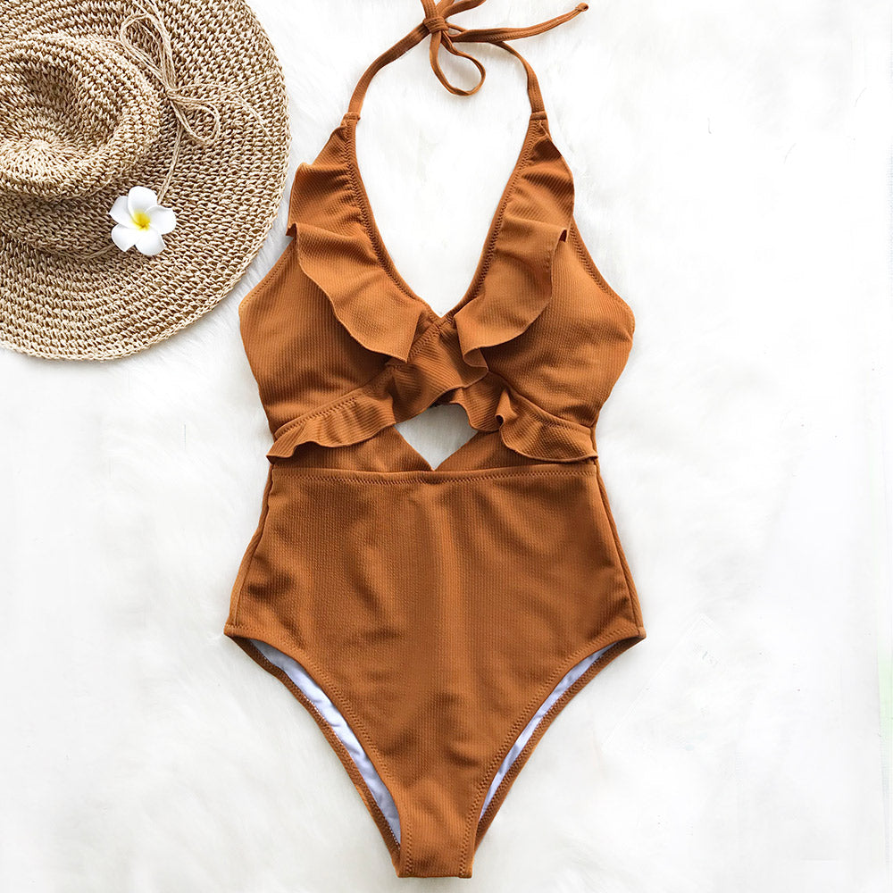 Solid One-piece Swimsuit Falbala V neck Ruffle Monokini  Beach Bathing Suit Swimwear The Clothing Company Sydney