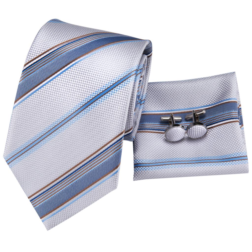 Men‘s’ Silk Necktie White Blue Striped Ties for Men  Pocket Square Hanky Cufflinks 8.5cm Wide Business Tie Set The Clothing Company Sydney