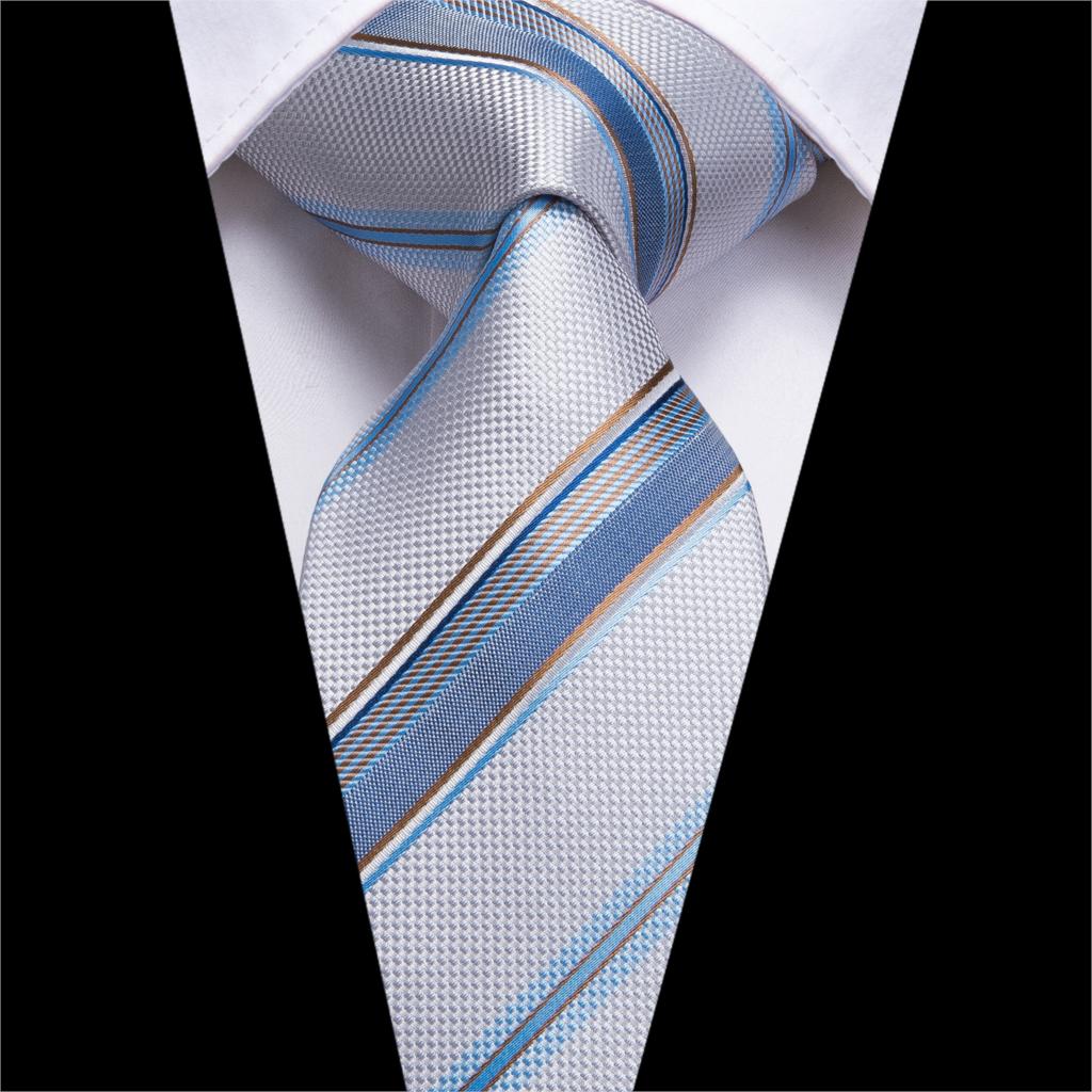 Men‘s’ Silk Necktie White Blue Striped Ties for Men  Pocket Square Hanky Cufflinks 8.5cm Wide Business Tie Set The Clothing Company Sydney