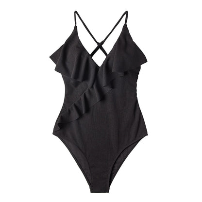 Solid One-piece Swimsuit Falbala V neck Ruffle Monokini  Beach Bathing Suit Swimwear The Clothing Company Sydney