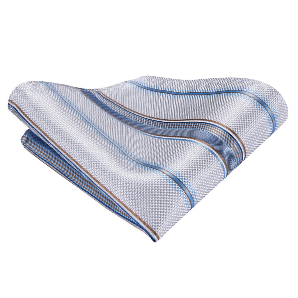 Men‘s’ Silk Necktie White Blue Striped Ties for Men  Pocket Square Hanky Cufflinks 8.5cm Wide Business Tie Set The Clothing Company Sydney