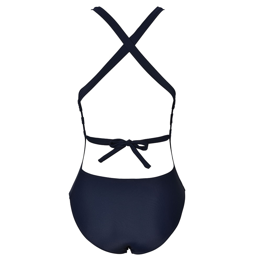 Solid Dark Blue Cross Deep V-neck One-piece Swimsuit Backless Monokini X-back Bathing Suit Swimwear The Clothing Company Sydney