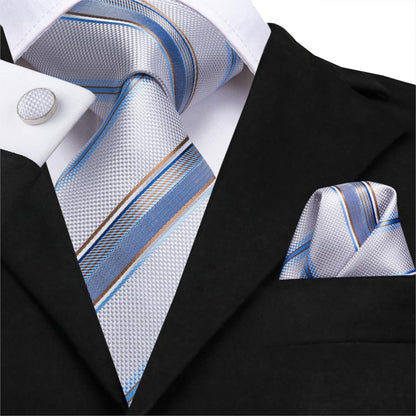 3 Piece Men's Tie Silk Necktie 8.5cm Wide New Fashion Plaid Ties Business Wedding Light Blue Necktie Hanky Cufflinks Set The Clothing Company Sydney