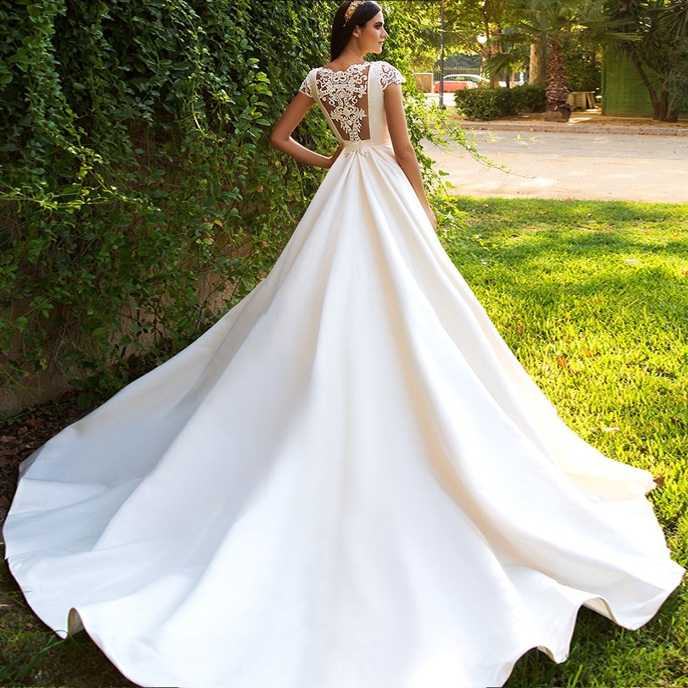 Short Sleeve Bridal Dresses Beading Appliques Illusion Back France Satin Wedding Gowns The Clothing Company Sydney