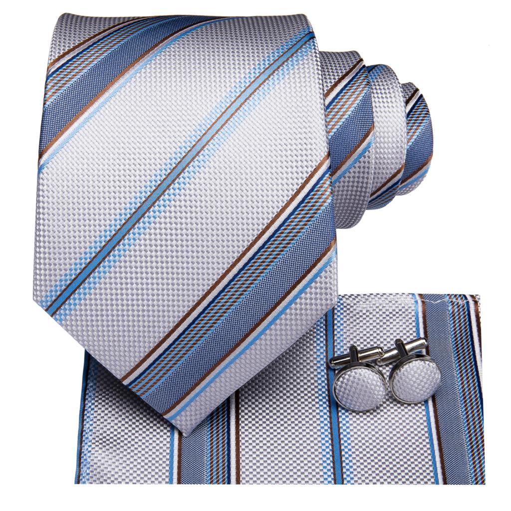 Men‘s’ Silk Necktie White Blue Striped Ties for Men  Pocket Square Hanky Cufflinks 8.5cm Wide Business Tie Set The Clothing Company Sydney