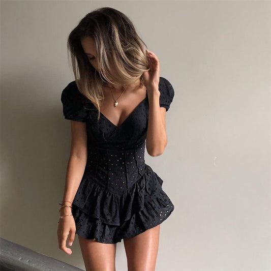 Fashion V Neck Ruffles Pleated Dress Women Puff Sleeve Chic Black Summer Dress Party Hollow Out Vintage Corset Dress The Clothing Company Sydney