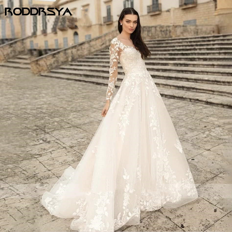 Elegant O-Neck Wedding Lace  A-Line Boho Long Sleeves Wedding Bride Gowns Dress The Clothing Company Sydney