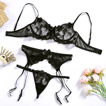 Floral Embroidery Thin Transparent Bralette Lace Push Up Bra Garters 3 Piece Sensual Lingerie Set The Clothing Company Sydney