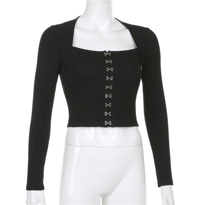 Streetwear Square Neck Hook Cotton Aututmn T-shirts Bodycon Gothic White Crop Tops Tees Long Sleeve T shirt The Clothing Company Sydney