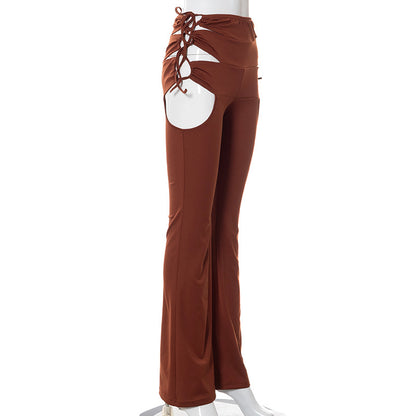 Side Hollow Out Lace Up High Waisted Flare White Brown Bottoms Trousers Fall Trendy Pants The Clothing Company Sydney