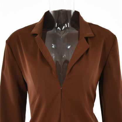 Turn-down Collar Button Two Piece Set Brown Long Sleeve Top High Waist Skirt Women Autumn Slim Office Outfits The Clothing Company Sydney