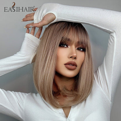 Short Straight Bob Wigs with Bang Golden Brown Natural Synthetic Hair for Women Daily Cosplay Heat Resistant Fiber Wigs The Clothing Company Sydney