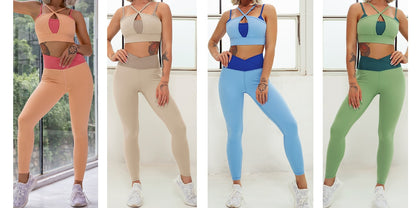 Layered Look Long Sleeve Yoga Crop Top Wrap V Waist Leggings Layered Cut Out Sports Bra Contrast Waist Shorts The Clothing Company Sydney