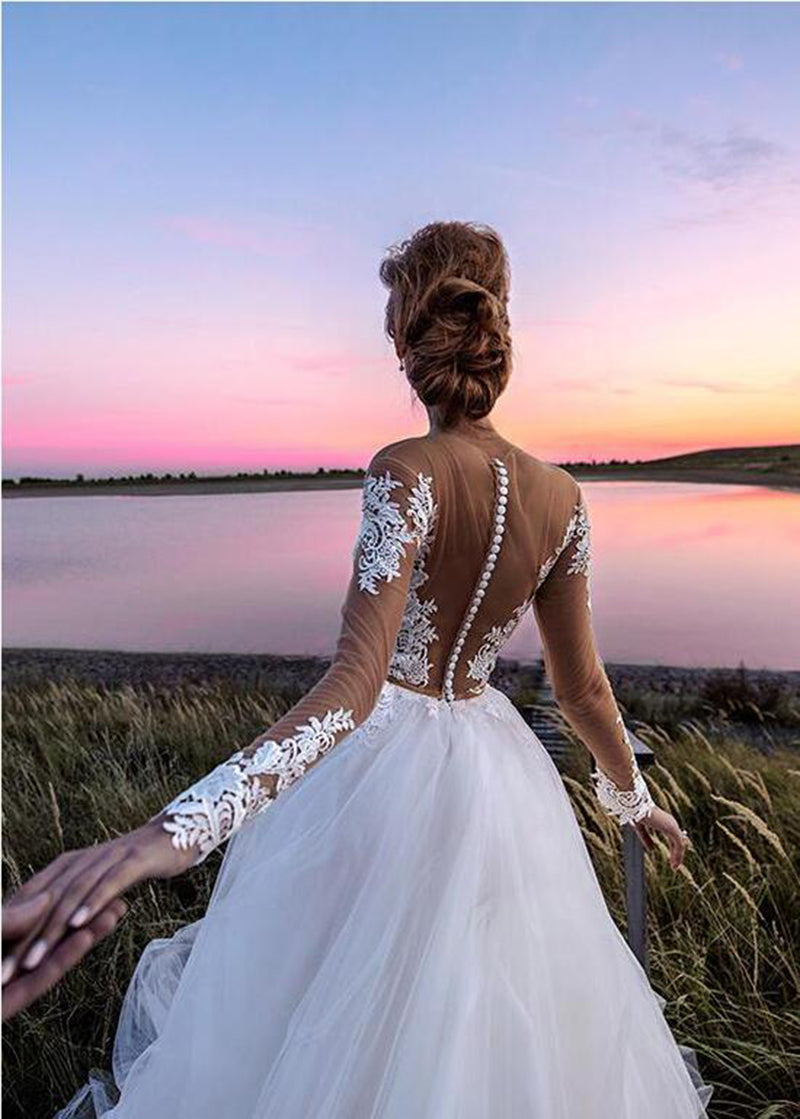 Boho Wedding Dress Modern Lace Appliques Long Sleeves Beach Bride Dress Illusion Back Tulle Princess Wedding Gowns The Clothing Company Sydney