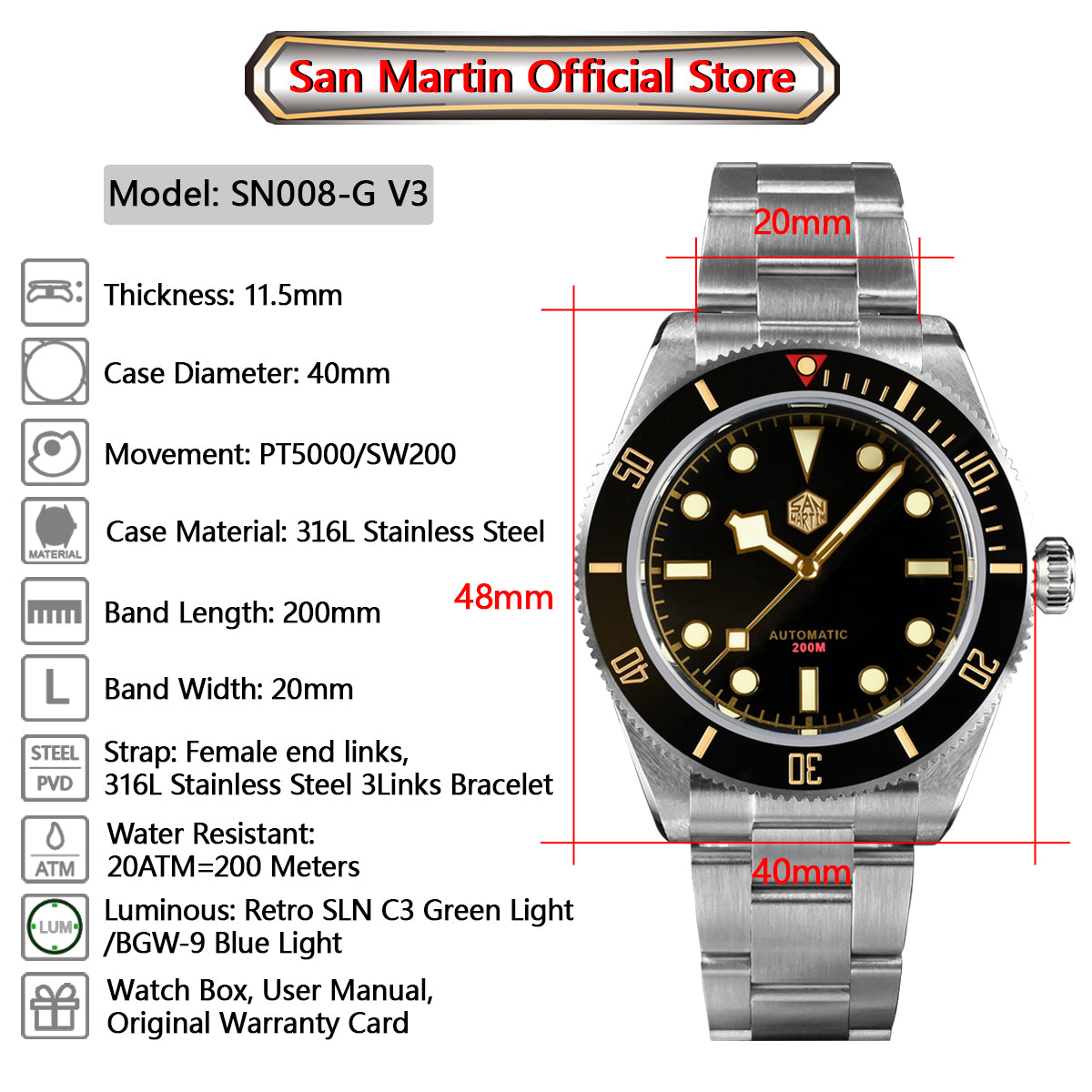 San Martin Luxury Men's Ladies Unisex 40mm Diver BB58 Vintage Automatic Business Wristwatche End Links Sapphire 20 Bar Watch The Clothing Company Sydney