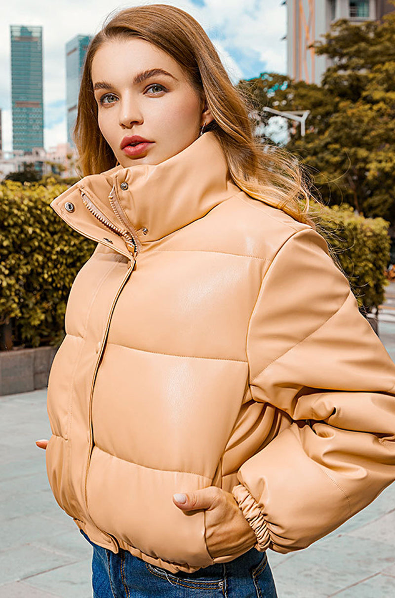 Winter Warm Thick PU Leather Coats Women's Short Parkas Fashion Black Cotton Padded Down Jacket With Elegant Zipper The Clothing Company Sydney