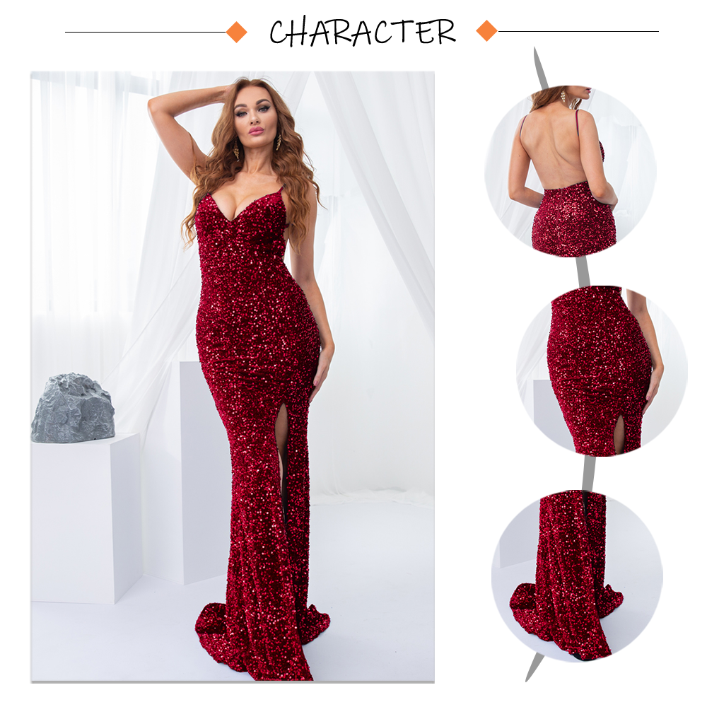 Sequin Backless Slip Mermaid Long Party Luxury V Neck Velvet Stretch Slit Sleeveless Cocktail Prom Formal Dress The Clothing Company Sydney