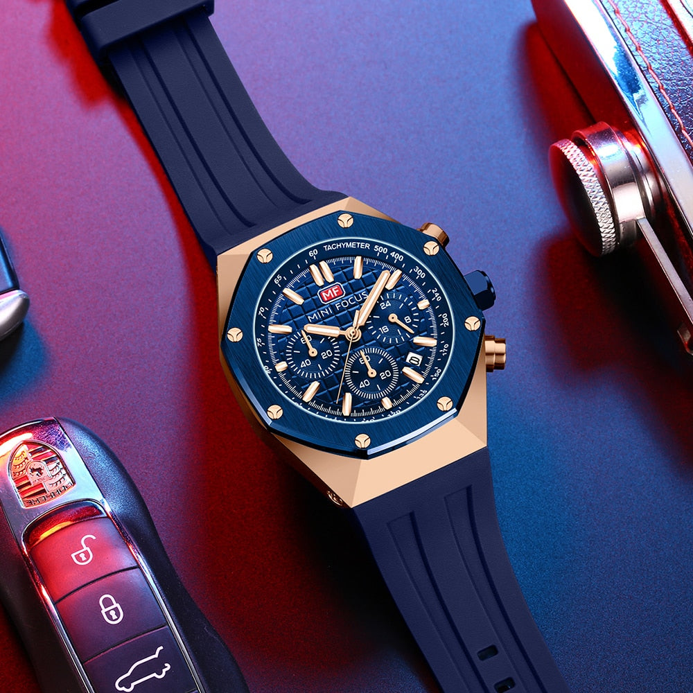 MINI FOCUS Polygon Design Alloy Quartz Wristwatch Luxury Brand Watch Men's High Quality Silicone Chronograph Sports Watch Clothing Company Sydney