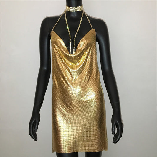 Gold Sequined Patchwork Mini Dress Women Sleeveless Low Cut Metal Chains Halter Slim Charming Nightclub Party Dresses The Clothing Company Sydney