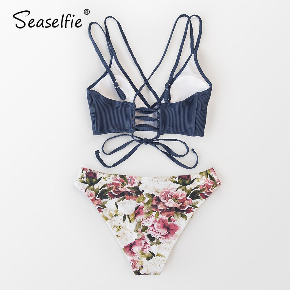 Lace Up Low-waist Bikinis Set Swimwear Swimsuits Bathing Suit Reversible Blue Grey Bikini Beachwear The Clothing Company Sydney