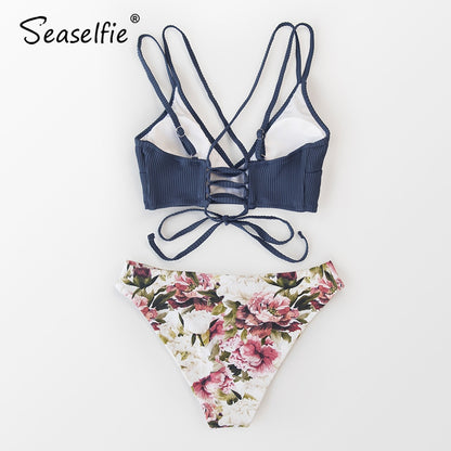 Lace Up Low-waist Bikinis Set Swimwear Swimsuits Bathing Suit Reversible Blue Grey Bikini Beachwear The Clothing Company Sydney